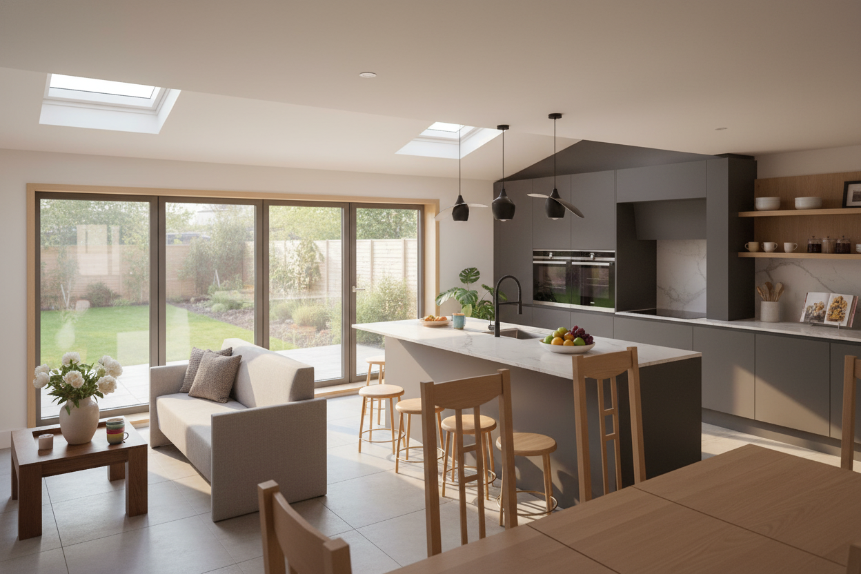 3D render of a kitchen and dining space
