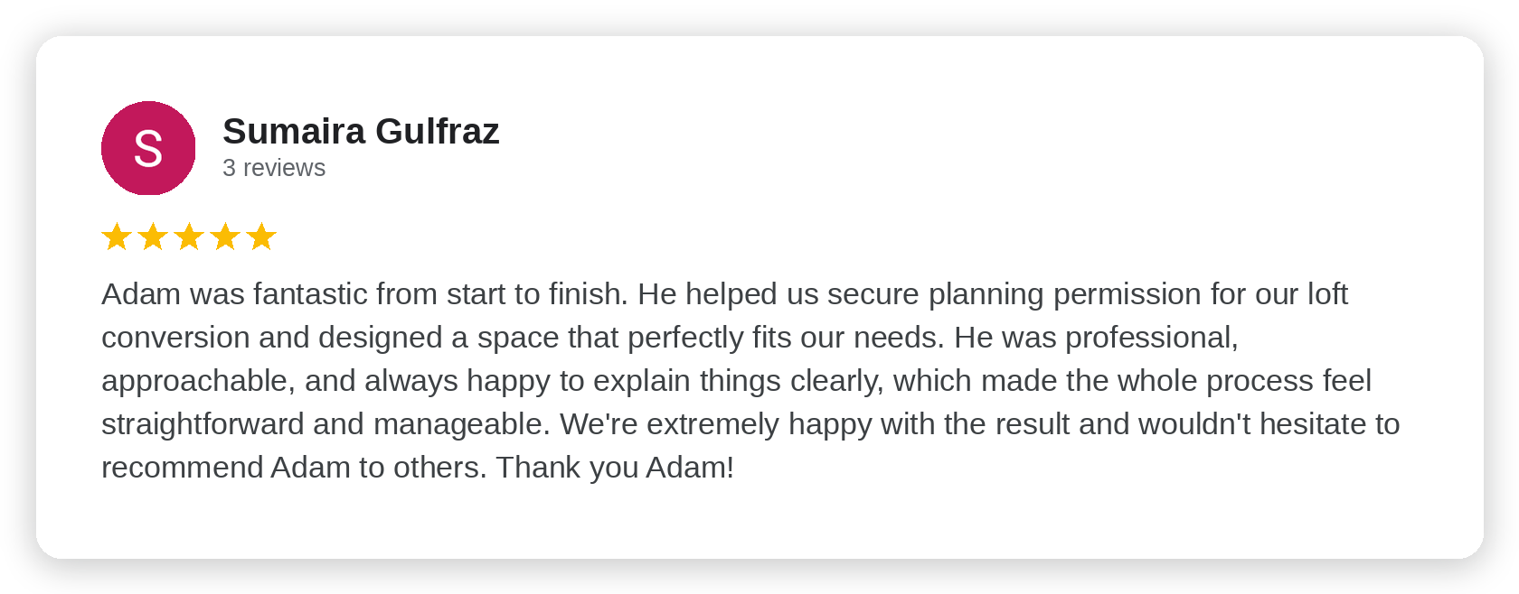 Five-star Google review from Sumaira Gulfraz