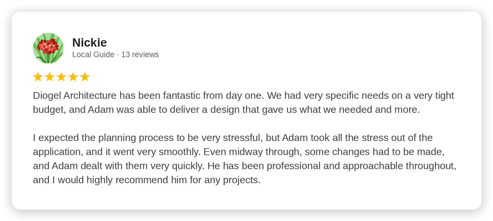 Five-star Google review from Nickie
