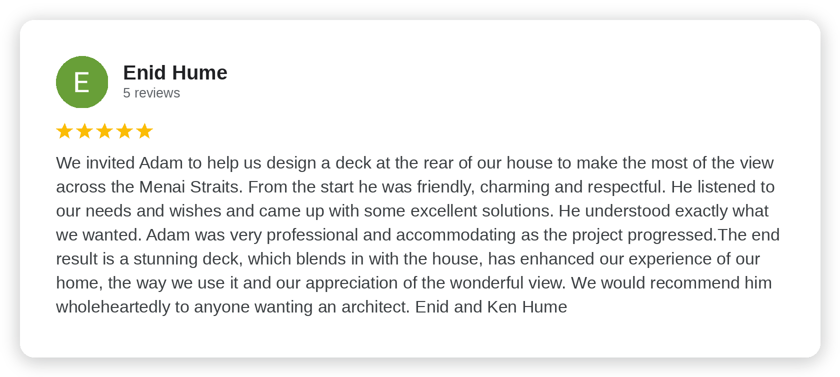 Five-star Google review from Enid Hume