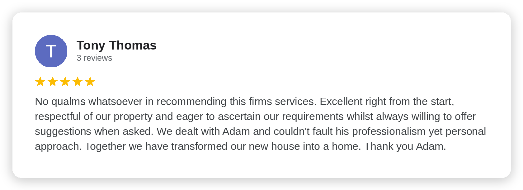 Five-star Google review from Tony Thomas