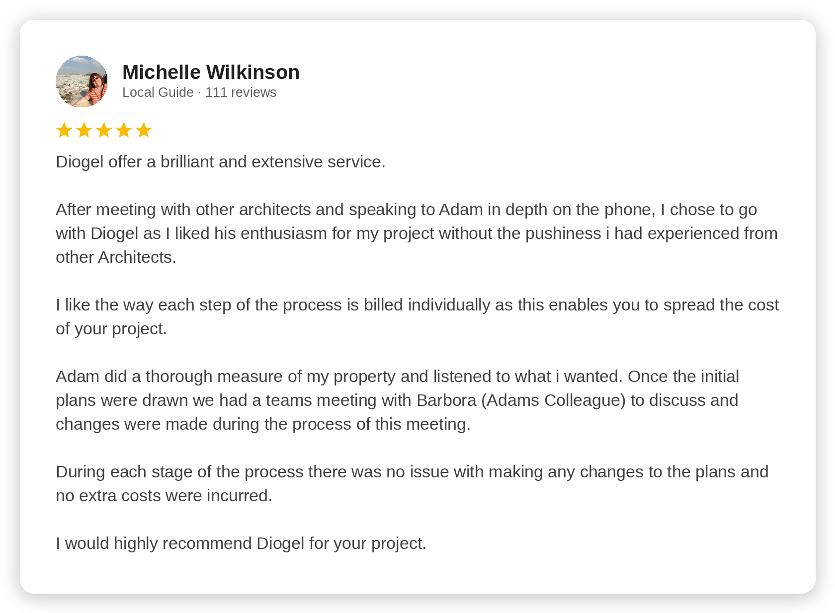 Five-star Google review from Michelle Wilkinson