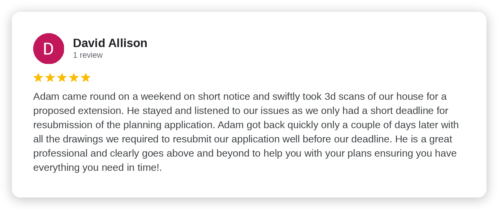 Five-star Google review from David Allison
