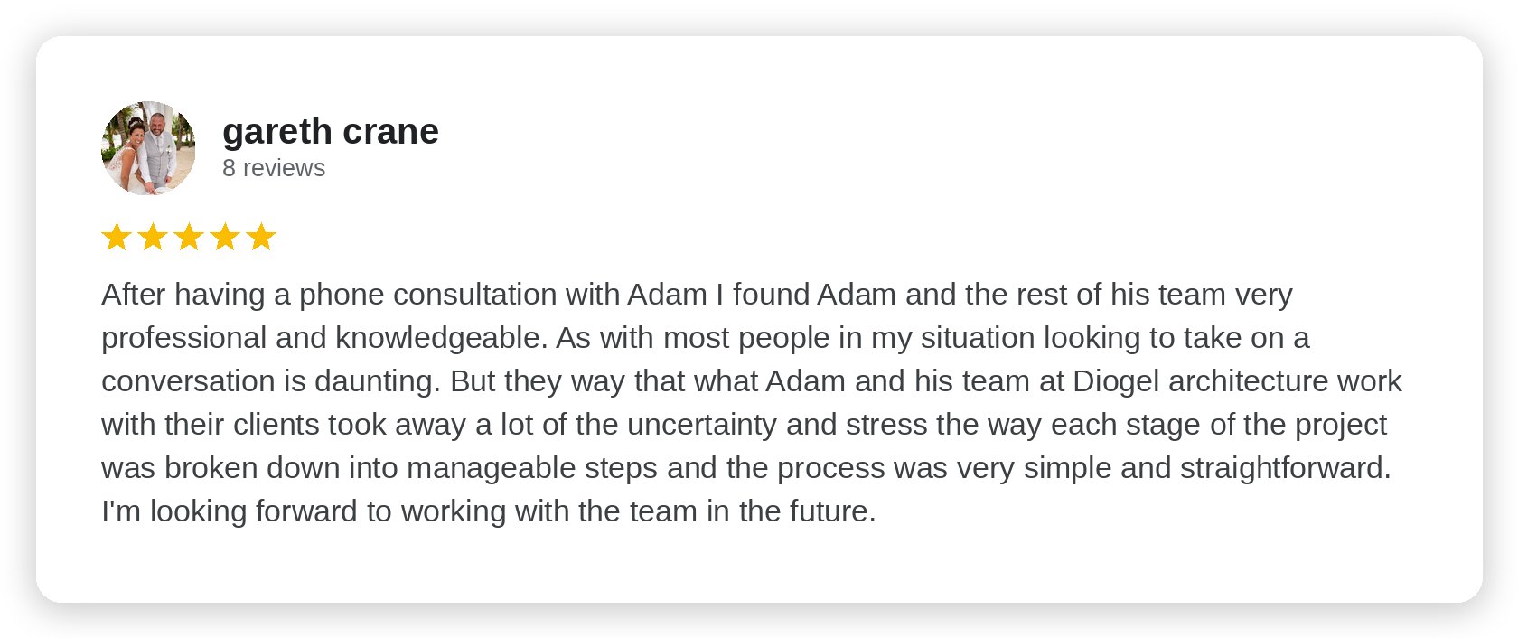 Five-star Google review from gareth crane