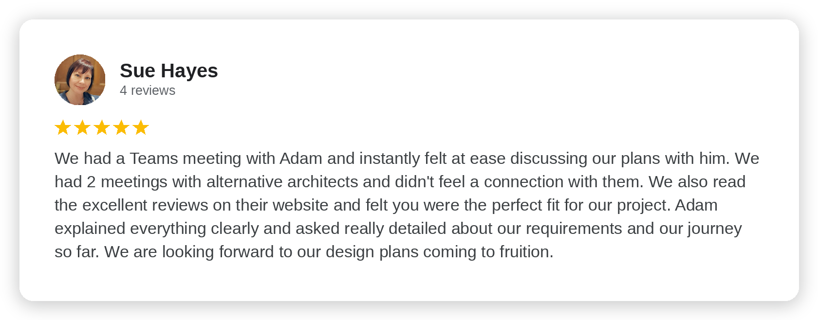 Five-star Google review from Sue Hayes