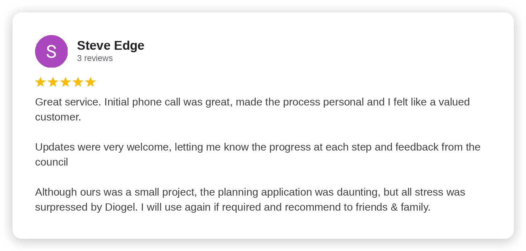 Five-star Google review from Steve Edge