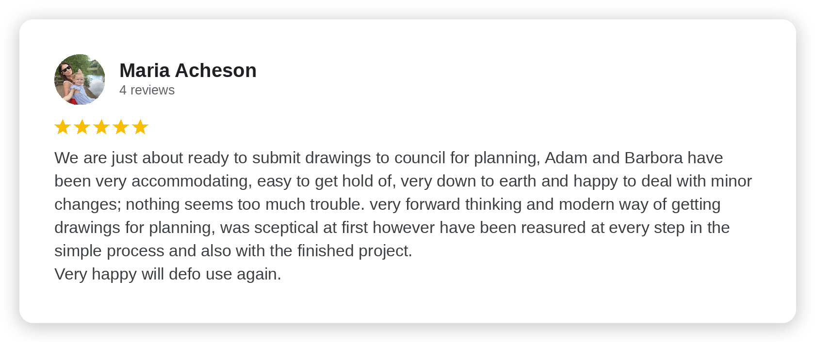 Five-star Google review from Maria Acheson