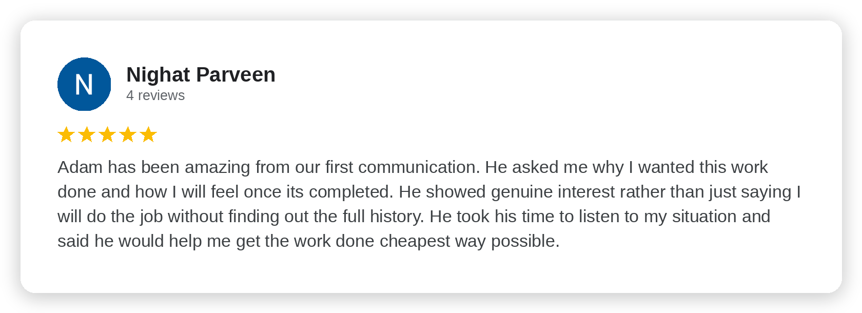 Five-star Google review from Nighat Parveen