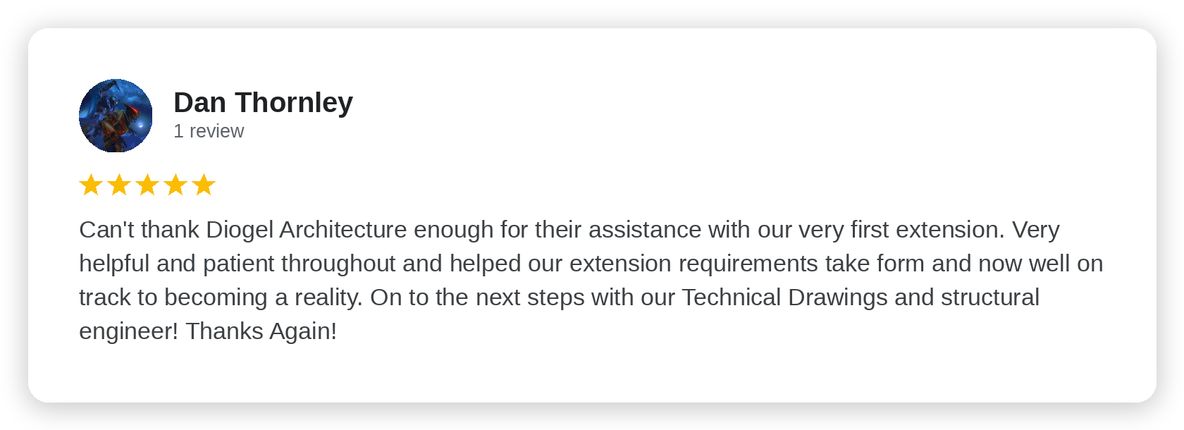 Five-star Google review from Dan Thornley