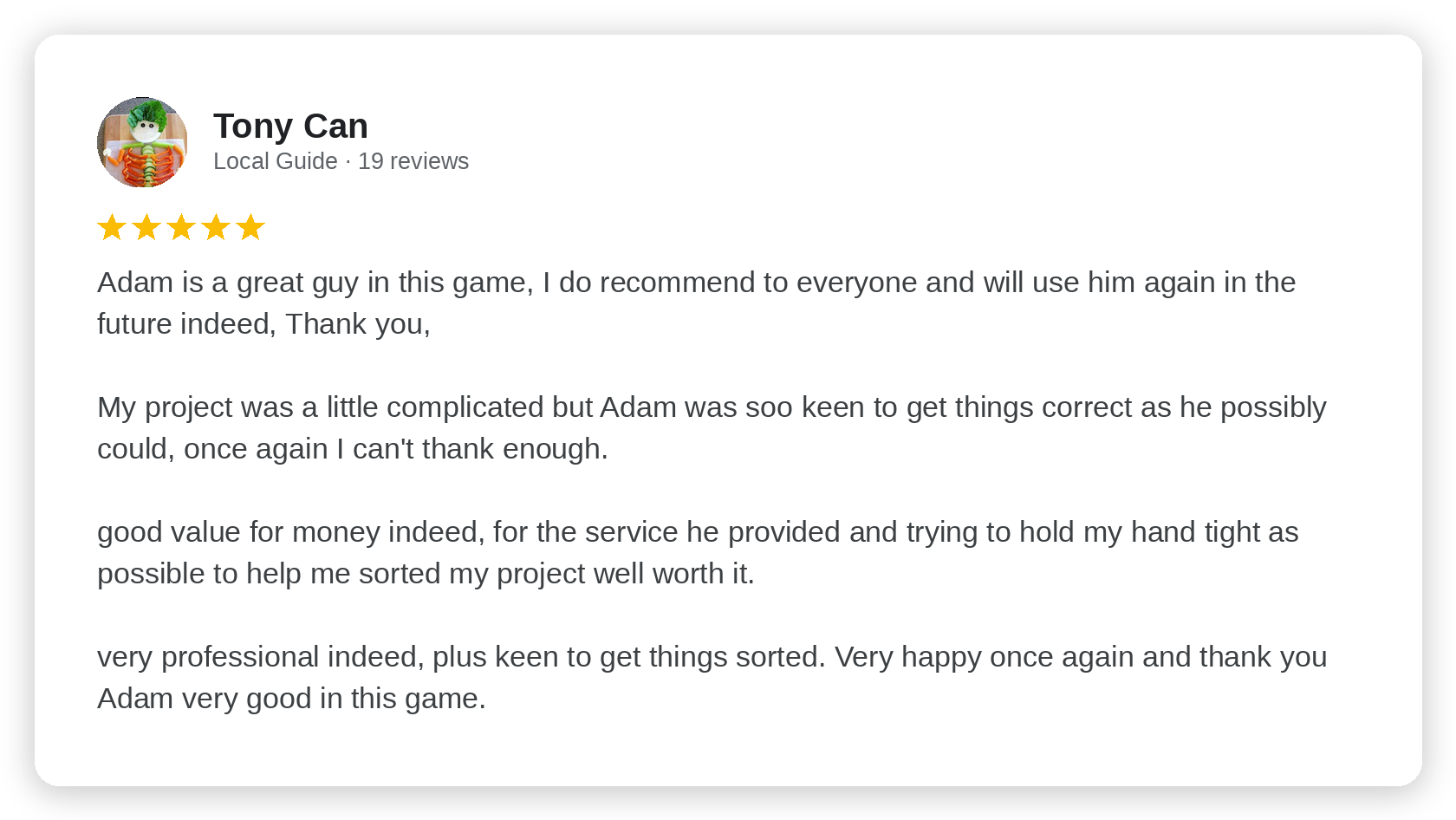 Five-star Google review from Tony Can
