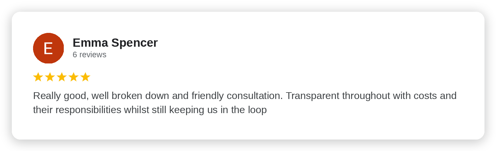 Five-star Google review from Emma Spencer