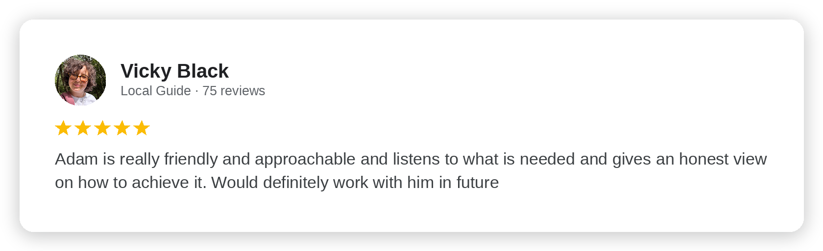 Five-star Google review from Vicky Black