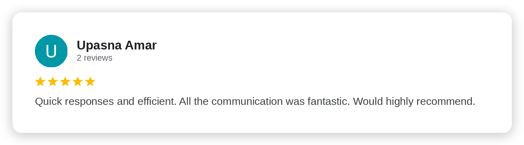 Five-star Google review from Upasna Amar