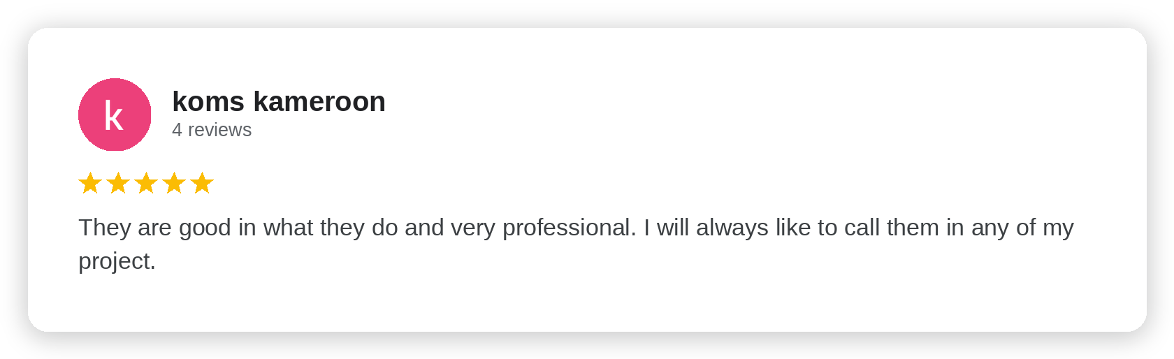 Five-star Google review from koms kameroon