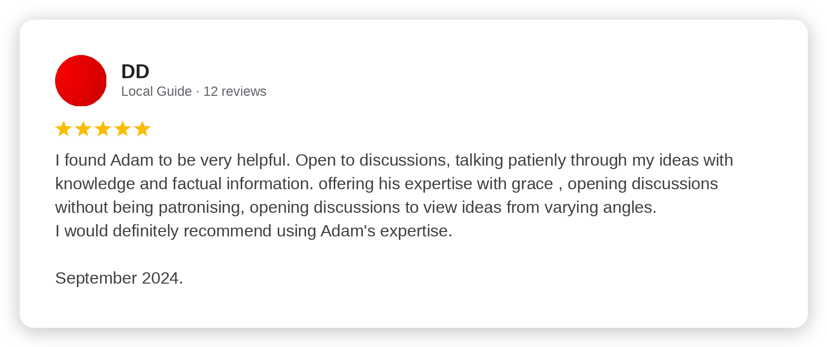 Five-star Google review from DD