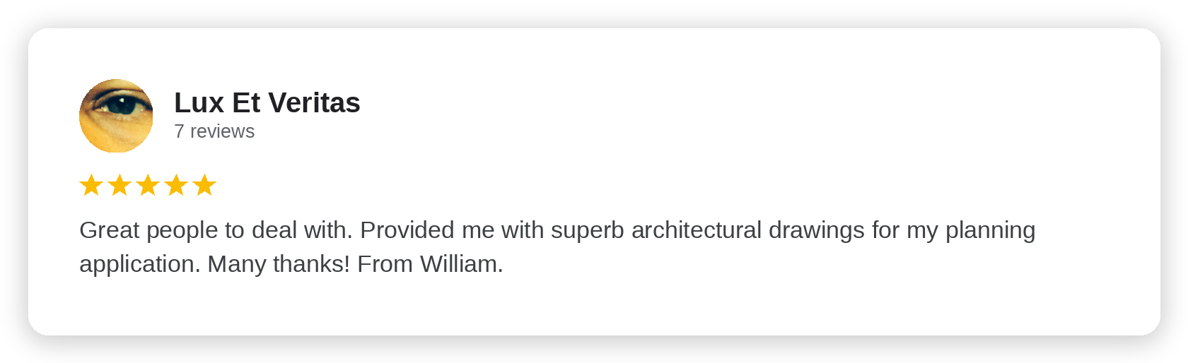 Five-star Google review from Lux Et Veritas