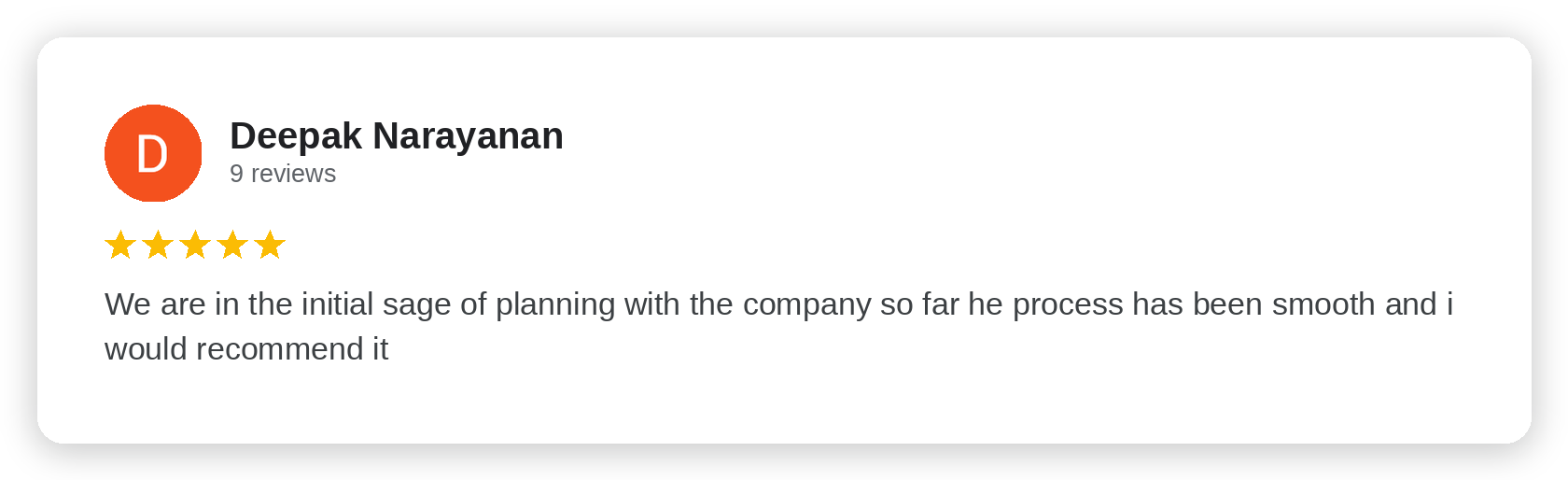 Five-star Google review from Deepak Narayanan