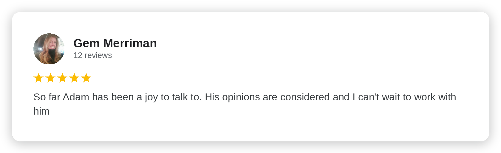 Five-star Google review from Gem Merriman