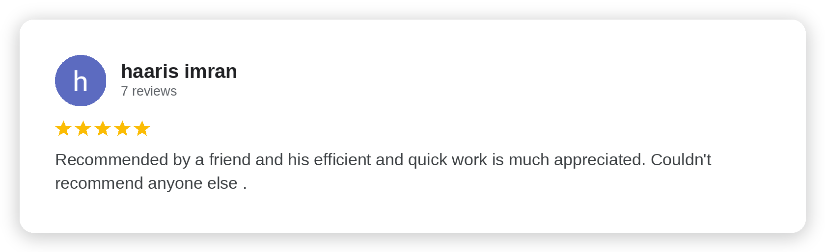 Five-star Google review from haaris imran