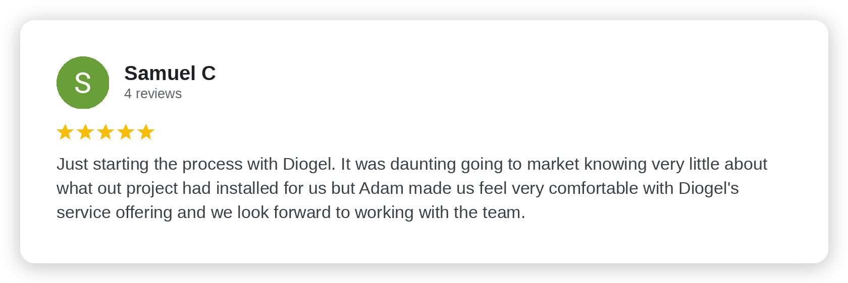 Five-star Google review from Samuel C
