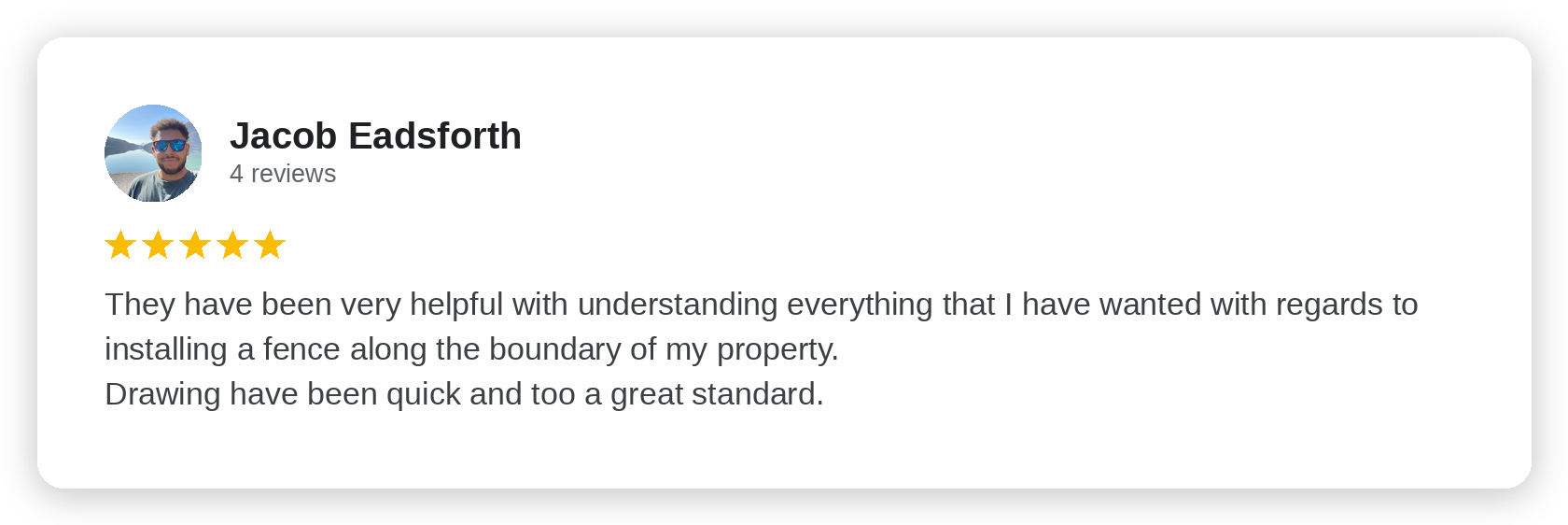 Five-star Google review from Jacob Eadsforth