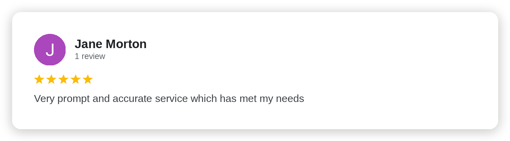 Five-star Google review from Jane Morton