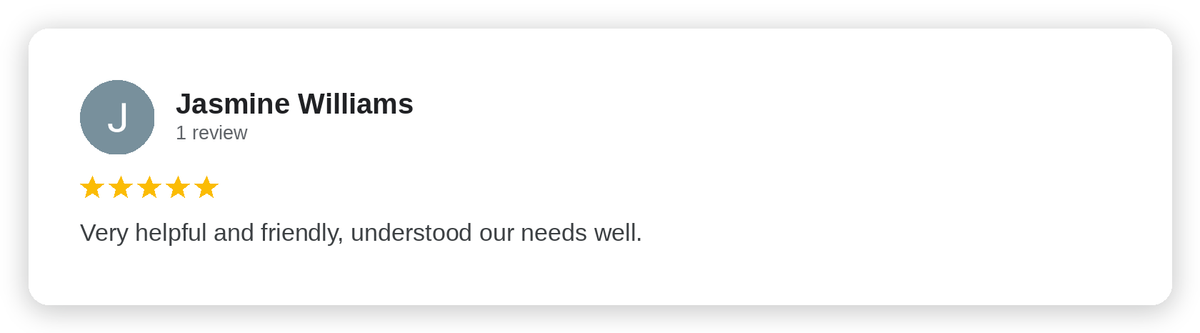 Five-star Google review from Jasmine Williams