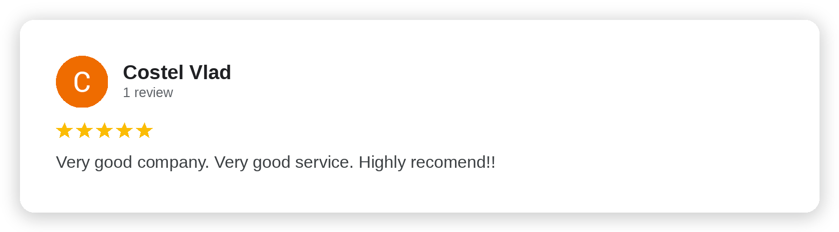 Five-star Google review from Costel Vlad